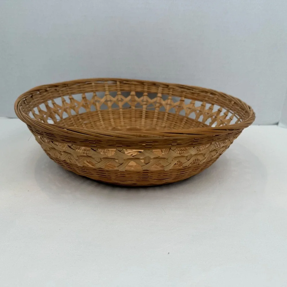 Vintage Woven Bamboo Round Basket Boho Lattice Fruit Bread Bowl 11.5 Inch